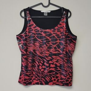 Peter Nygard Animal Print Sequin Tank Top Black & Red M